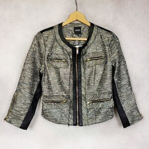 XOXO tweed and leather gray black short blazer M